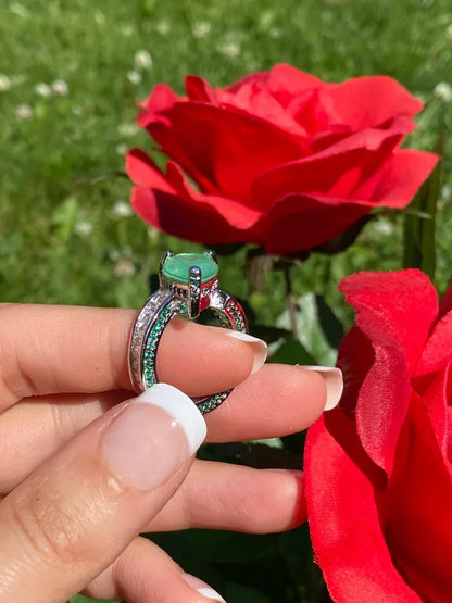 Luxurious Fancy Colombian Emerald Engagement Ring Band with Natural Brilliant Cut Clear Crystals and Mini Pave Zambian Emeralds.