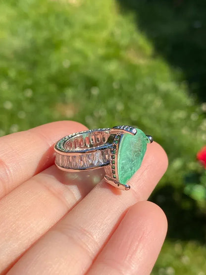 Luxurious Fancy Colombian Emerald Engagement Ring Band with Natural Brilliant Cut Clear Crystals and Mini Pave Zambian Emeralds.