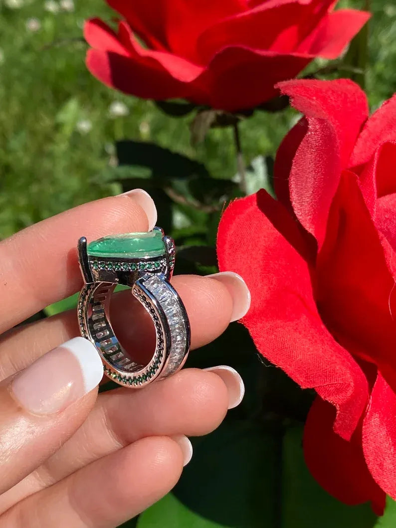 Luxurious Fancy Colombian Emerald Engagement Ring Band with Natural Brilliant Cut Clear Crystals and Mini Pave Zambian Emeralds.