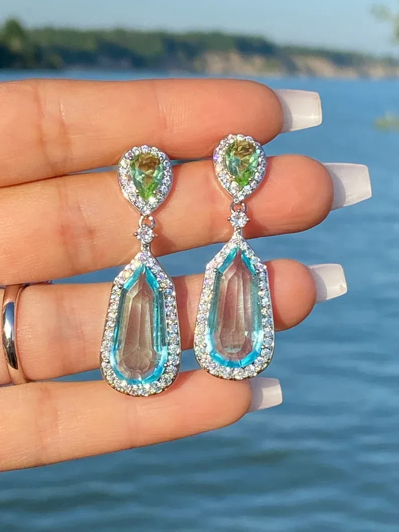 Astonishing Aquamarine Earrings Dangle and Drop Aqua Blue Aquamarine and Green Peridot Diamond Dangle Drop Earrings 925 Sterling Silver