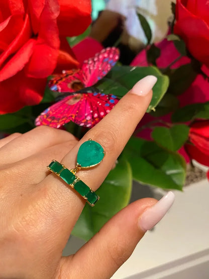 Breathtaking Natural Zambian Emerald Ring Emerald Band Dangle Drop Emerald 18K Yellow Gold Vermeil Engagement Band Ring Size 7