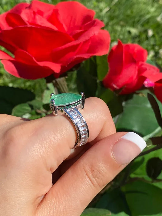 Luxurious Fancy Colombian Emerald Engagement Ring Band with Natural Brilliant Cut Clear Crystals and Mini Pave Zambian Emeralds.