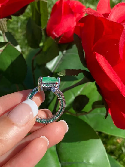 Luxurious Fancy Colombian Emerald Engagement Ring Band with Natural Brilliant Cut Clear Crystals and Mini Pave Zambian Emeralds.