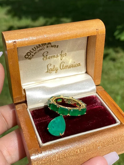 Breathtaking Natural Zambian Emerald Ring Emerald Band Dangle Drop Emerald 18K Yellow Gold Vermeil Engagement Band Ring Size 7