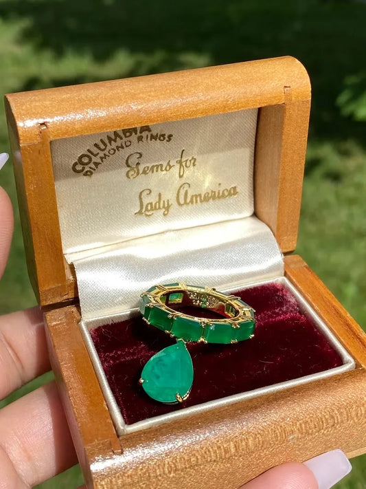 Breathtaking Natural Zambian Emerald Ring Emerald Band Dangle Drop Emerald 18K Yellow Gold Vermeil Engagement Band Ring Size 7