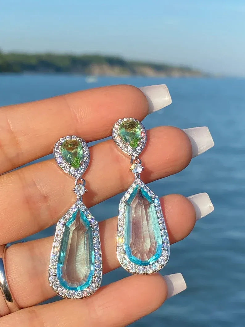 Astonishing Aquamarine Earrings Dangle and Drop Aqua Blue Aquamarine and Green Peridot Diamond Dangle Drop Earrings 925 Sterling Silver