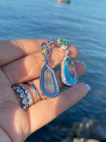 Astonishing Aquamarine Earrings Dangle and Drop Aqua Blue Aquamarine and Green Peridot Diamond Dangle Drop Earrings 925 Sterling Silver