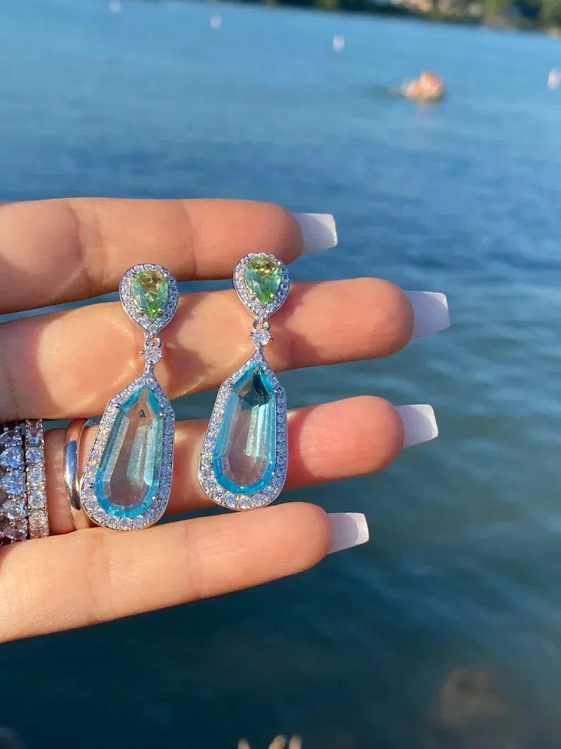 Astonishing Aquamarine Earrings Dangle and Drop Aqua Blue Aquamarine and Green Peridot Diamond Dangle Drop Earrings 925 Sterling Silver