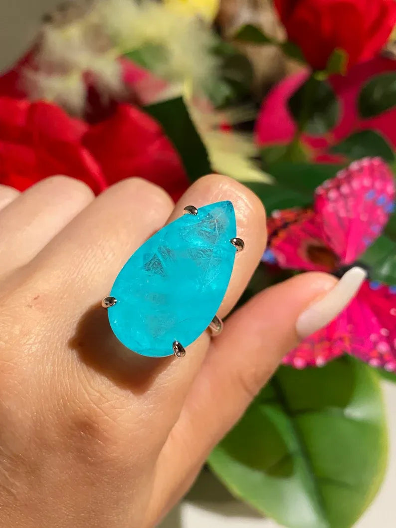 Glowing Neon Blue Natural Paraiba Tourmaline Large Solitaire Pear Ring, With Amazing Neon Blue Colour and Glow Size 7