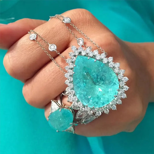 Glowing Icy Blue Natural Paraiba Tourmaline Necklace with Double Chain, Caribbean Vivid Blue, Exotic Neon Gemstone, with Austrian Crystals