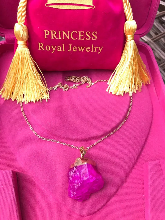 Amazing Hot Pink Color and Glow, Natural Rough Pink Tourmaline Necklace, Raw Tourmaline Pendant, Yellow Gold Vermeil