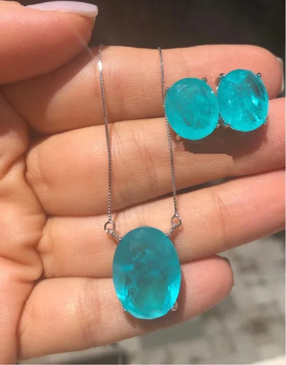 Exotic Glowing Natural Ice Blue Paraiba Tourmaline Jewelry Set Necklace and Earrings, Oval Solitaire Set, 925 Sterling Silver, Dainty Set