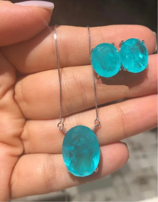 Exotic Glowing Natural Ice Blue Paraiba Tourmaline Jewelry Set Necklace and Earrings, Oval Solitaire Set, 925 Sterling Silver, Dainty Set