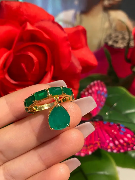 Mesmerizing Natural Zambian Emerald Ring Emerald Band Dangle Drop Emerald 18K Yellow Gold Vermeil Engagement Band Ring