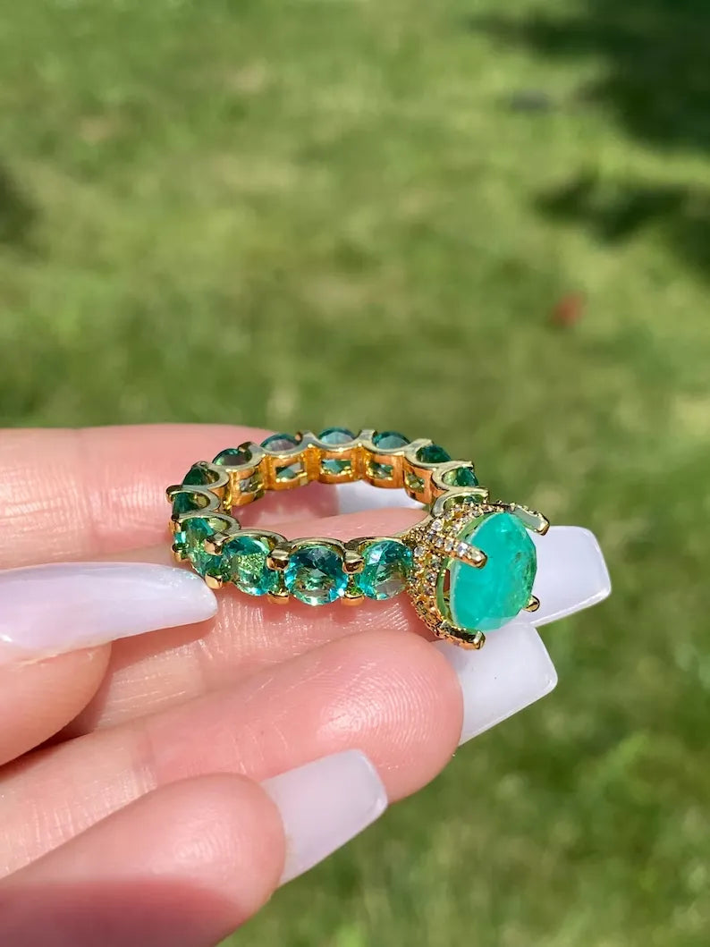 100% Genuine Columbia Emerald Gem Multi Gemstone Ring Band, Handcrafted Masterpiece, Natural Emerald Ring, Emerald Engagement Wedding Band