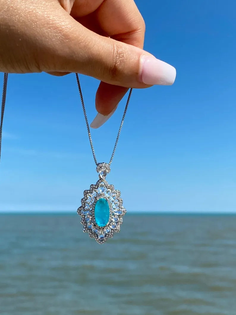 Ocean Blue Natural Paraiba Tourmaline Necklace Pendant with Amazing Exotic Neon Blue Color and Glow