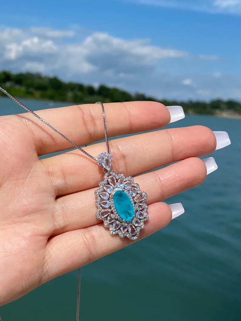 Ocean Blue Natural Paraiba Tourmaline Necklace Pendant with Amazing Exotic Neon Blue Color and Glow