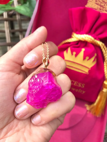 Amazing Hot Pink Color and Glow, Natural Rough Pink Tourmaline Necklace, Raw Tourmaline Pendant, Yellow Gold Vermeil