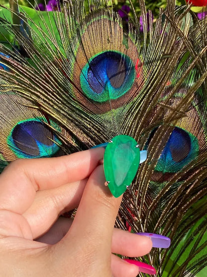 Vibrant Green Natural Zambian Emerald Pear Solitaire Handcrafted Ring, Dark Green Emerald Ring, Forest Green Emerald, Large Pear Emerald 925