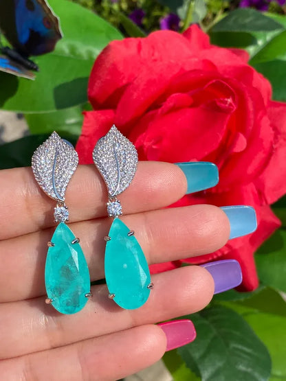 Ice Blue Natural Paraiba Tourmaline Earrings, Dangle Drop Earrings, with Amazing Neon Blue Colour and Glow, 925 Sterling Silver, Leaf Design