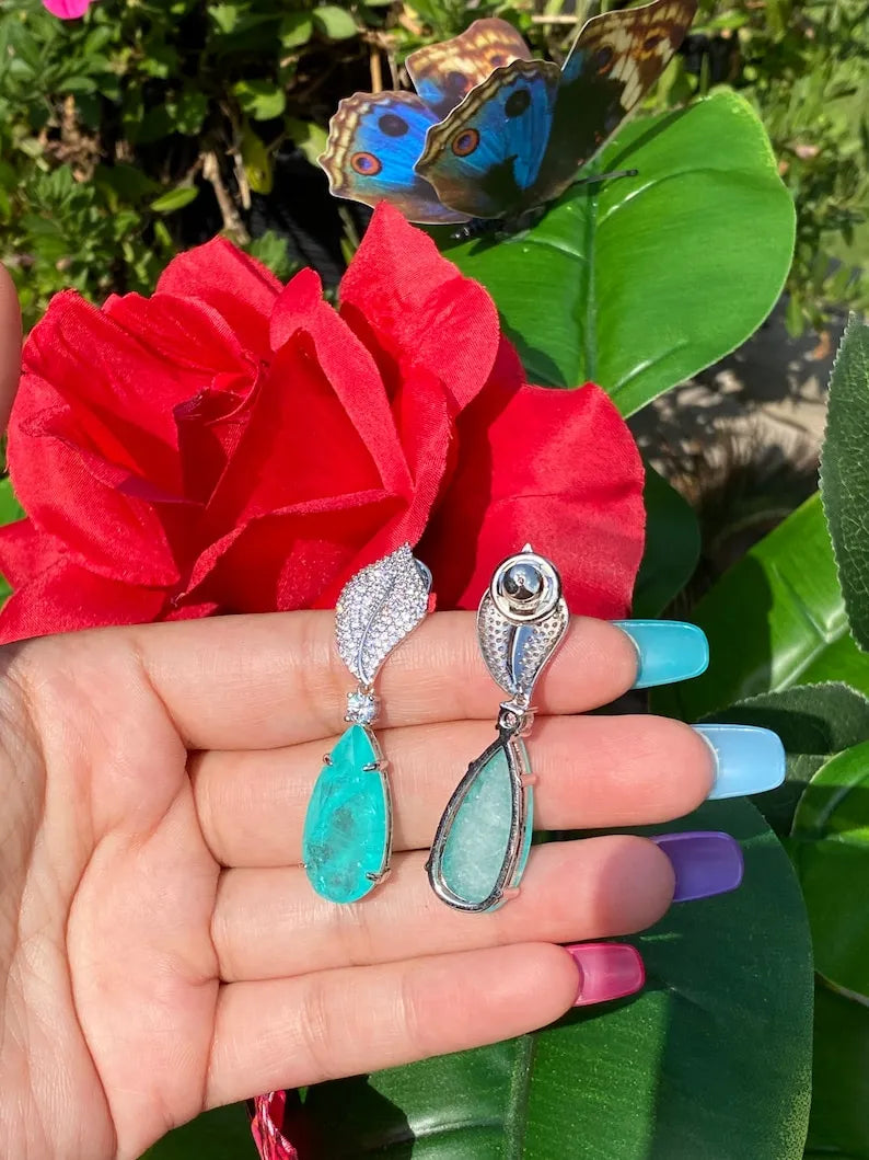 Astonishing Natural Paraiba Tourmaline Earrings, Dangle Drop Earrings, with Amazing Neon Blue Colour and Glow, 925 Sterling Silver