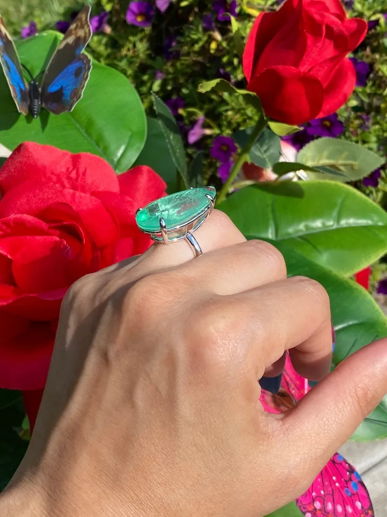 Huge Solitaire Natural Pale Green Emerald Ring, Handmade, Handcrafted Masterpiece, 925 Sterling Silver, Matching set available