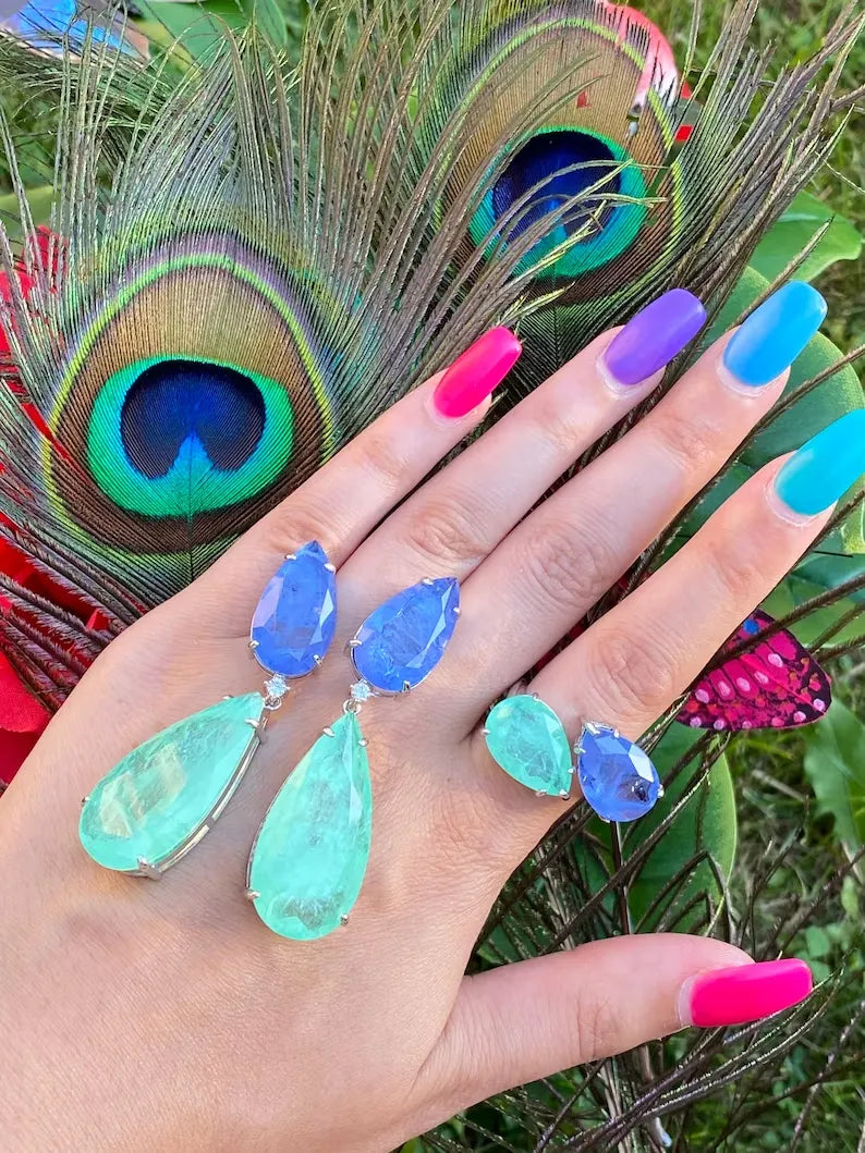 Luxurious Extra Large Natural Glowing Neon Colombian Emerald and Tanzanite Jewelry Set Dangle Drop Earrings and Ring Set