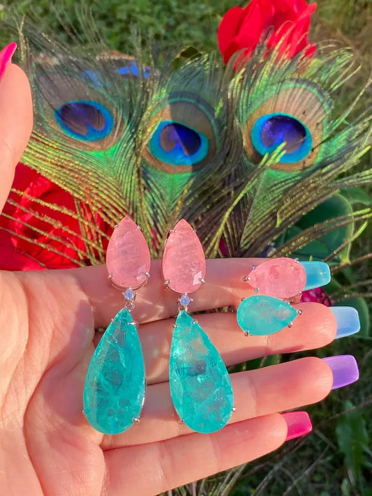 Luxurious Set Natural Neon Emerald and Pink Kunzites Dangle Drop Earrings and Ring, Handcrafted in 925 Sterling Silver