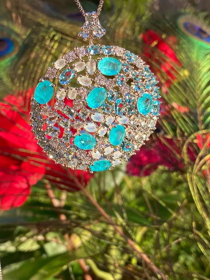 Blossom Large Multi Gemstone Round Necklace Pendant Ocean Blue Paraiba, Rainbow Moonstone, Sapphires, Handcrafted in 925 Old English Silver