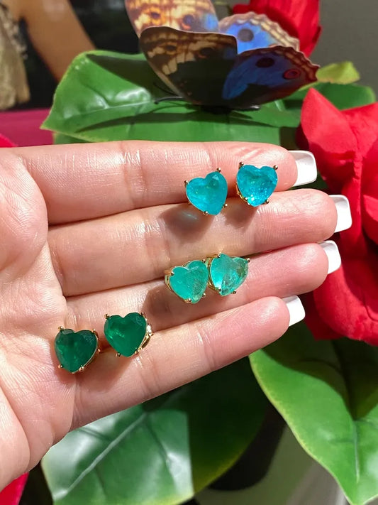 Stunning 3 pairs of Natural Colombian and Zambian Emerald Heart stud earrings 925 Sterling Silver and Gold Vermeil mix