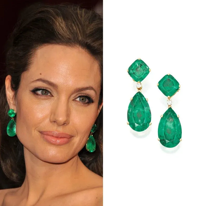 Angelina Jolie Inspired, Famous Hollywood Star, 100% Natural Vibrant Green Zambian Emerald Earrings, 18K Yellow Gold Vermeil, Angelina Style