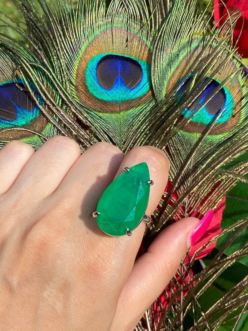 Vibrant Green Natural Zambian Emerald Pear Solitaire Handcrafted Ring, Dark Green Emerald Ring, Forest Green Emerald, Large Pear Emerald 925