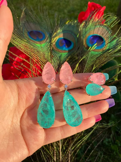 Luxurious Set Natural Neon Emerald and Pink Kunzites Dangle Drop Earrings and Ring, Handcrafted in 925 Sterling Silver