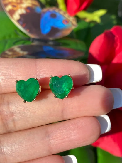 Simply Astonishing Natural Forest Green Zambian Emerald Heart Earrings, Small Minimalist Earrings, May Birthstone Earrings, 18K Gold Vermeil