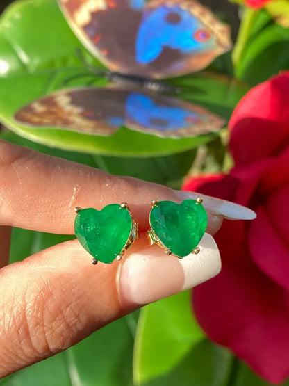 Simply Astonishing Natural Forest Green Zambian Emerald Heart Earrings, Small Minimalist Earrings, May Birthstone Earrings, 18K Gold Vermeil