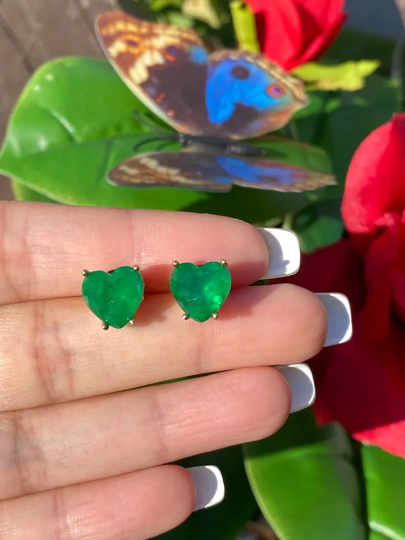 Simply Astonishing Natural Forest Green Zambian Emerald Heart Earrings, Small Minimalist Earrings, May Birthstone Earrings, 18K Gold Vermeil