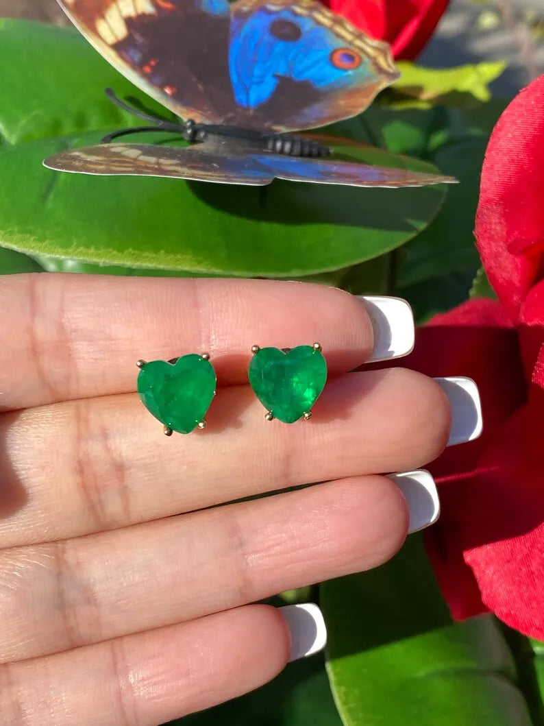 Simply Astonishing Natural Forest Green Zambian Emerald Heart Earrings, Small Minimalist Earrings, May Birthstone Earrings, 18K Gold Vermeil