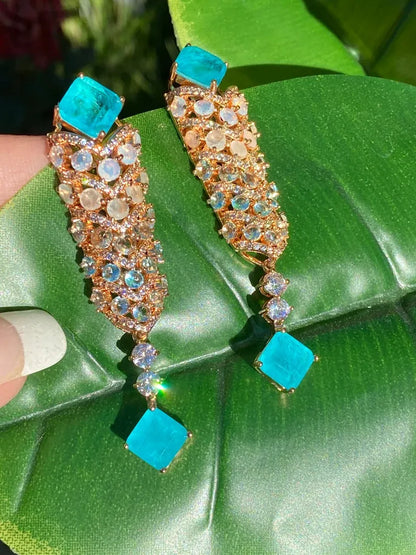 Head turning Glowing! Natural Paraiba Tourmaline, Opal Moonstone, Chandelier Dangle and Drop Earrings, 18K Yellow Gold Vermeil, Handcrafted