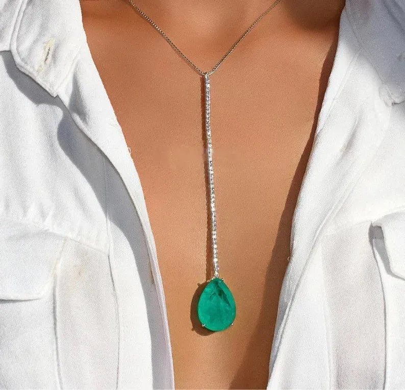 Astonishing Natural Emerald Necklace, Y Lariat Emerald and Diamond Necklace, May Birthstone Necklace, Genuine Green Emerald Necklace