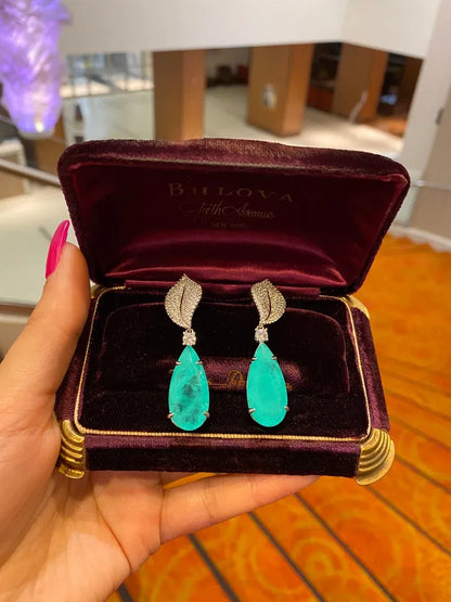 Ice Blue Natural Paraiba Tourmaline Earrings, Dangle Drop Earrings, with Amazing Neon Blue Colour and Glow, 925 Sterling Silver, Leaf Design