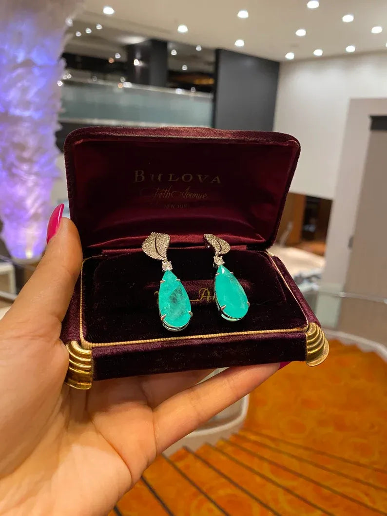 Ice Blue Natural Paraiba Tourmaline Earrings, Dangle Drop Earrings, with Amazing Neon Blue Colour and Glow, 925 Sterling Silver, Leaf Design