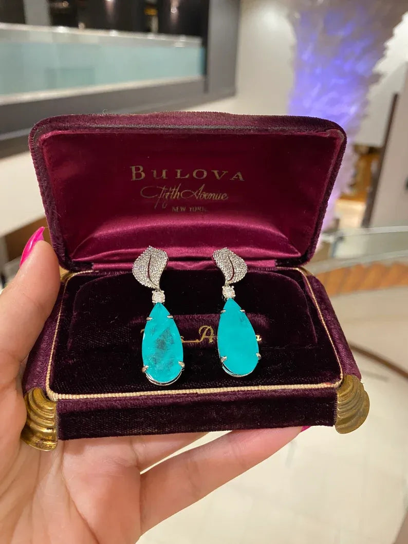 Ice Blue Natural Paraiba Tourmaline Earrings, Dangle Drop Earrings, with Amazing Neon Blue Colour and Glow, 925 Sterling Silver, Leaf Design