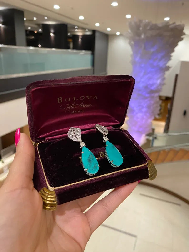 Ice Blue Natural Paraiba Tourmaline Earrings, Dangle Drop Earrings, with Amazing Neon Blue Colour and Glow, 925 Sterling Silver, Leaf Design