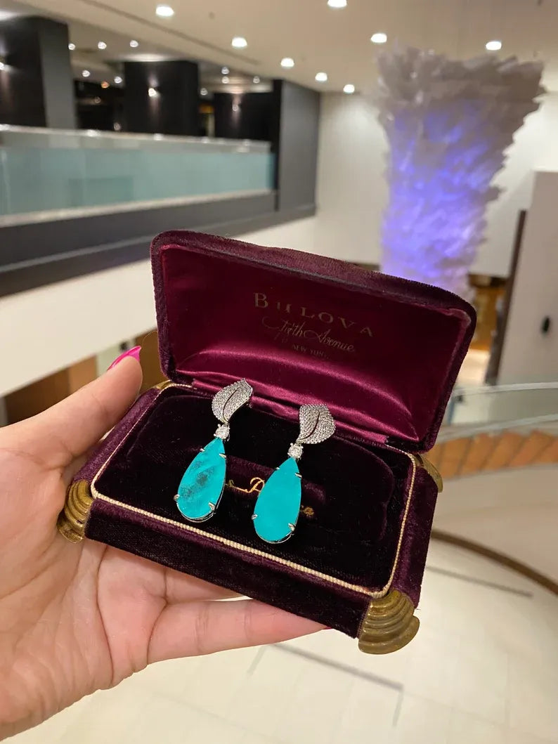 Ice Blue Natural Paraiba Tourmaline Earrings, Dangle Drop Earrings, with Amazing Neon Blue Colour and Glow, 925 Sterling Silver, Leaf Design