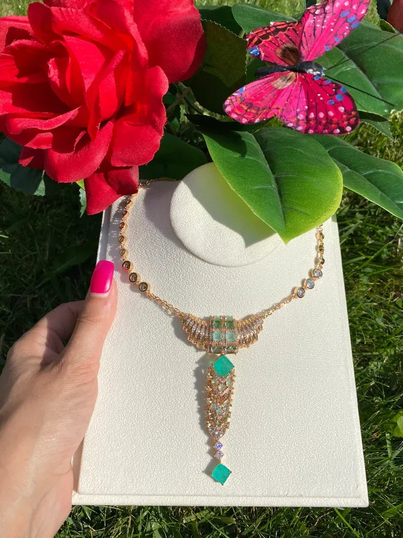 Hollywood Style, Magnificent Y Lariat Gold Necklace, with Natural Colombian Emeralds, Austrian Crystals, 18K Yellow Gold Vermeil