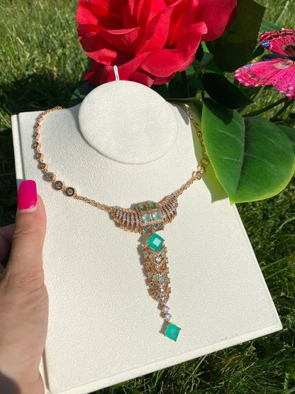 Hollywood Style, Magnificent Y Lariat Gold Necklace, with Natural Colombian Emeralds, Austrian Crystals, 18K Yellow Gold Vermeil