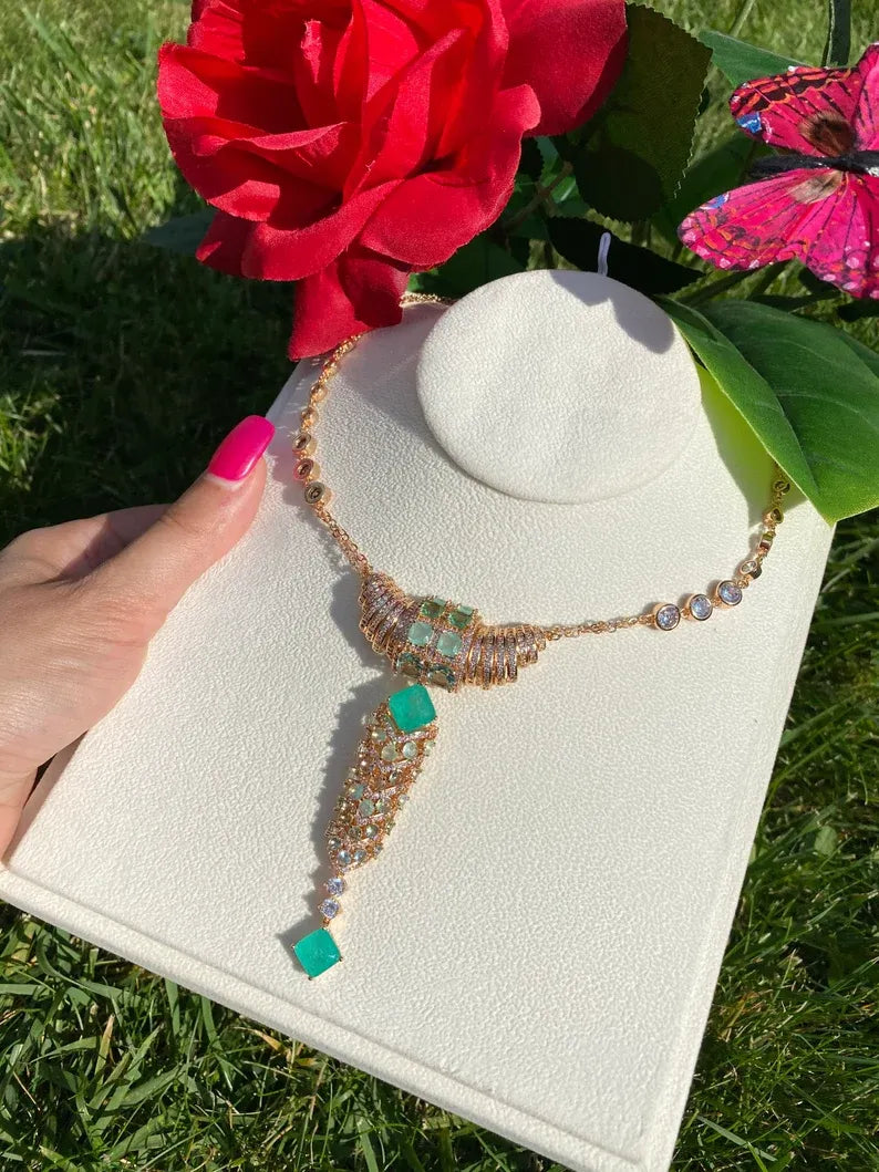 Hollywood Style, Magnificent Y Lariat Gold Necklace, with Natural Colombian Emeralds, Austrian Crystals, 18K Yellow Gold Vermeil