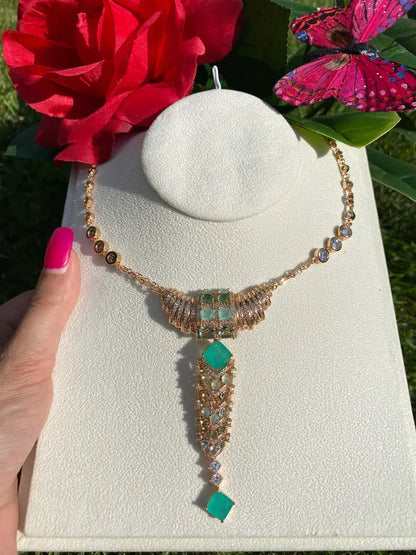 Hollywood Style, Magnificent Y Lariat Gold Necklace, with Natural Colombian Emeralds, Austrian Crystals, 18K Yellow Gold Vermeil