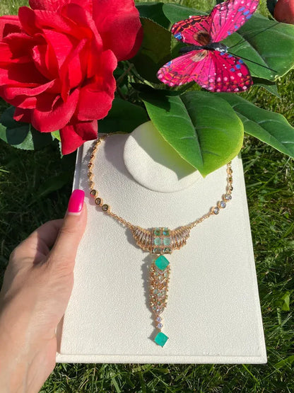 Hollywood Style, Magnificent Y Lariat Gold Necklace, with Natural Colombian Emeralds, Austrian Crystals, 18K Yellow Gold Vermeil