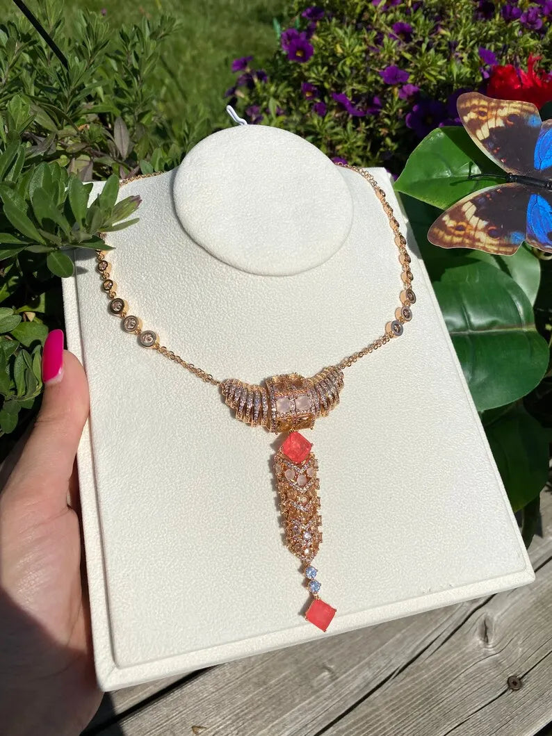 Luxury Y Lariat Natural Orange Pink Padparadsha Sapphire Necklace 18 K Yellow Gold Vermeil